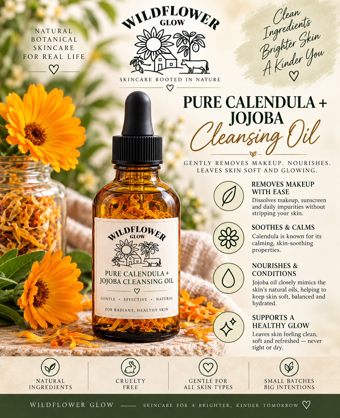 Pure Calendula + Jojoba Cleansing Oil | Waterproof Makeup Remover & Barrier Repair Elixir