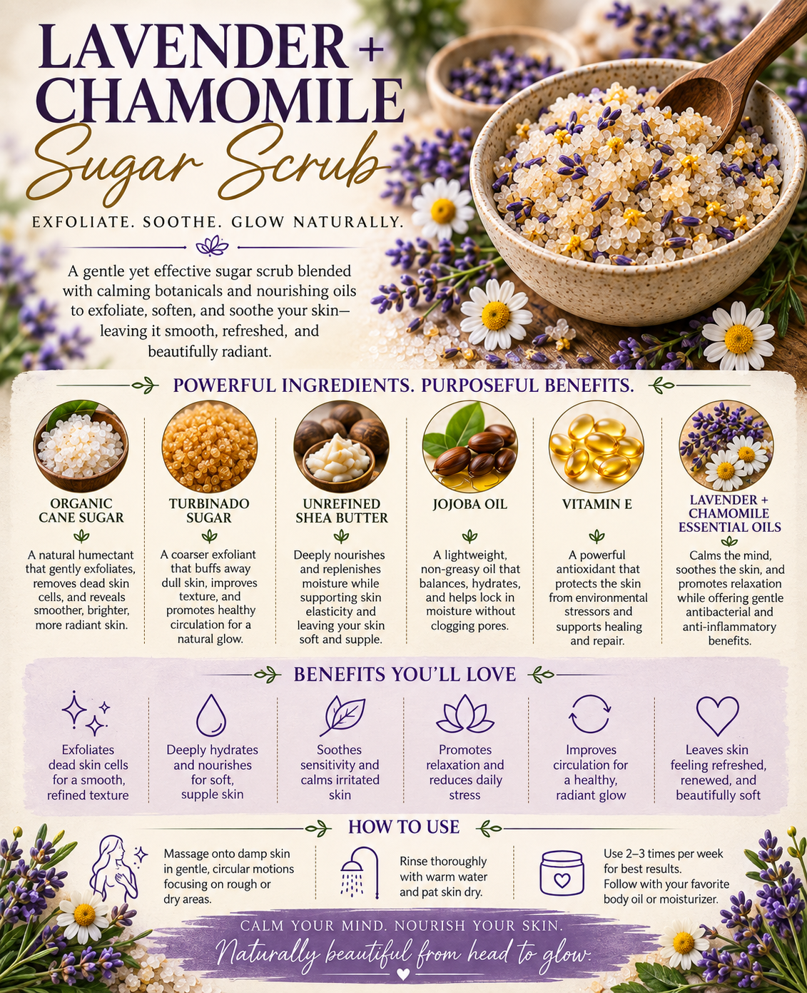 Lavender & Chamomile Exfoliating Sugar Scrub | Soothing Body Polish