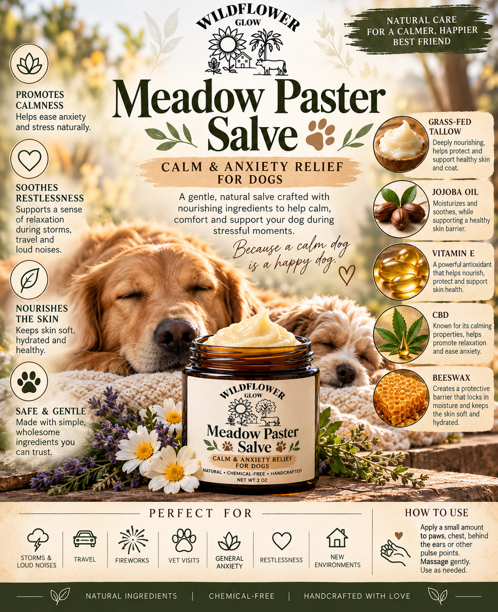 Meadow Pasture Salve | CBD Pet Tallow Balm for Paw, Nose & Joint Relief
