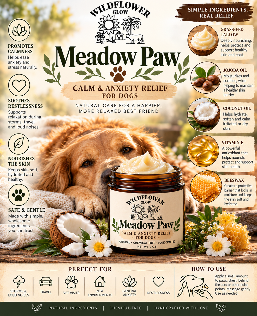 Meadow Paws | Grass-Fed Tallow Dog Balm for Paw, Nose & Skin Relief